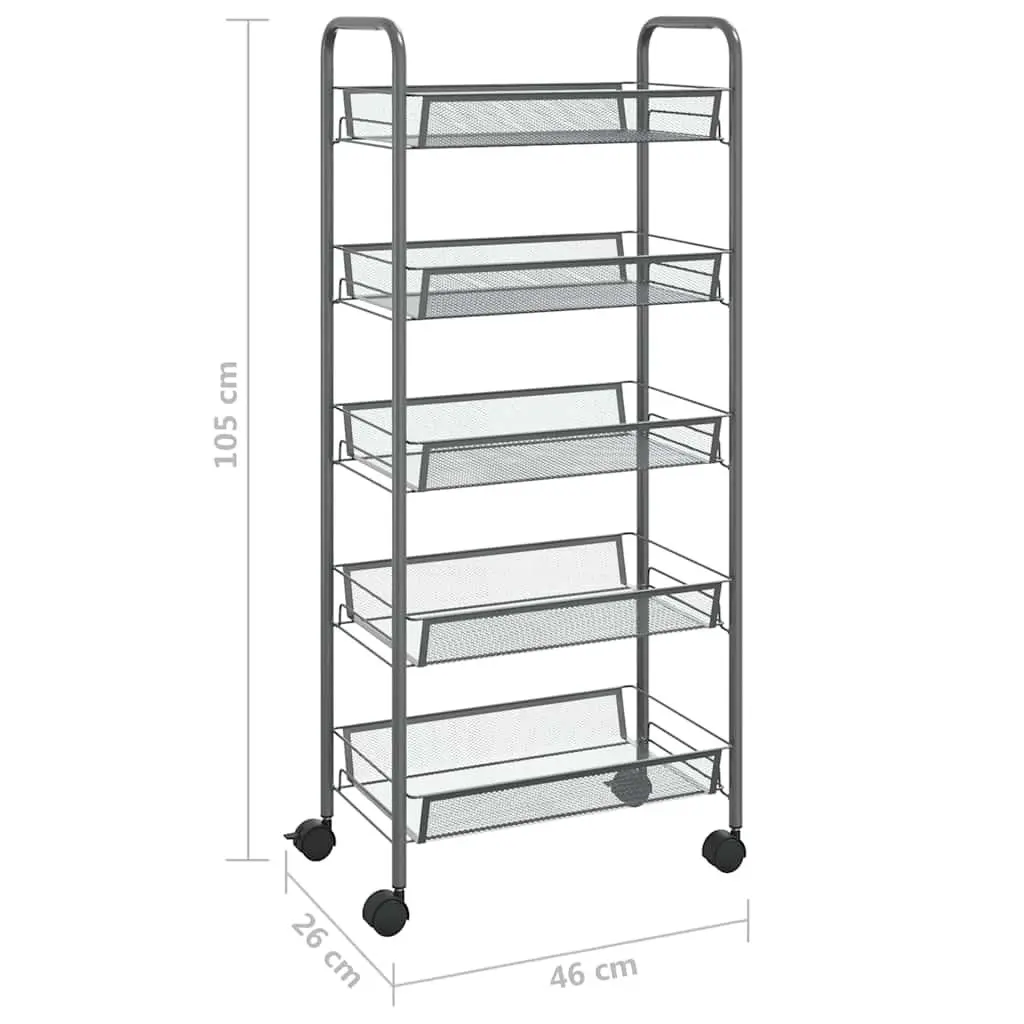 5-Tier Kitchen Trolley Grey Iron Storage Cart Organiser with Removable Baskets and Wheels
