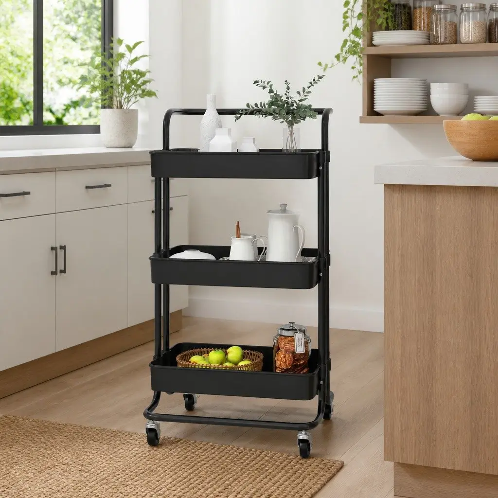3-Tier Kitchen Trolley Organiser Storage Cart Black 42 x 35 x 85 cm ABS Plastic Iron Tubes