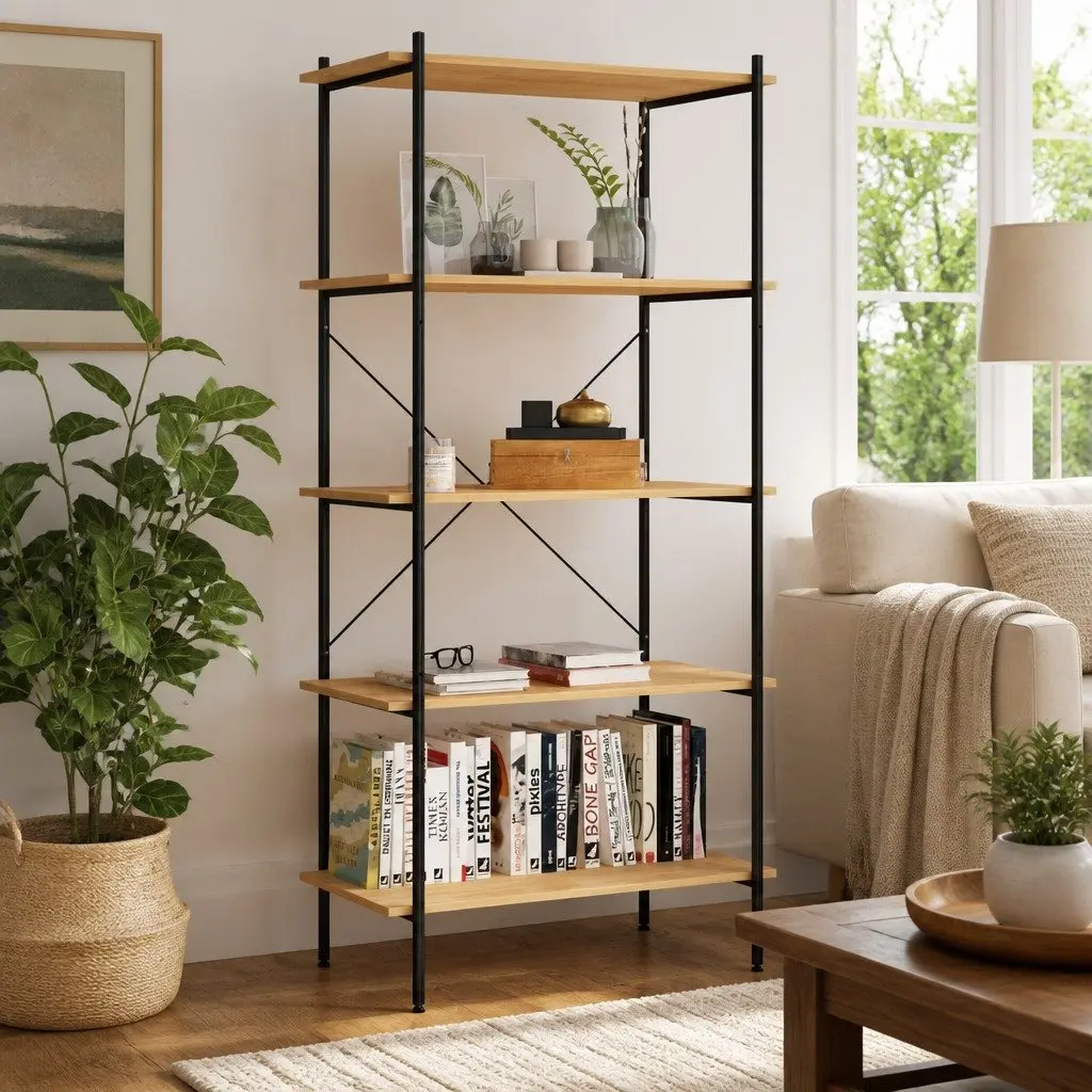 5-Tier Shelving Unit Black Oak Standing Shelf Storage Organiser Bookcase