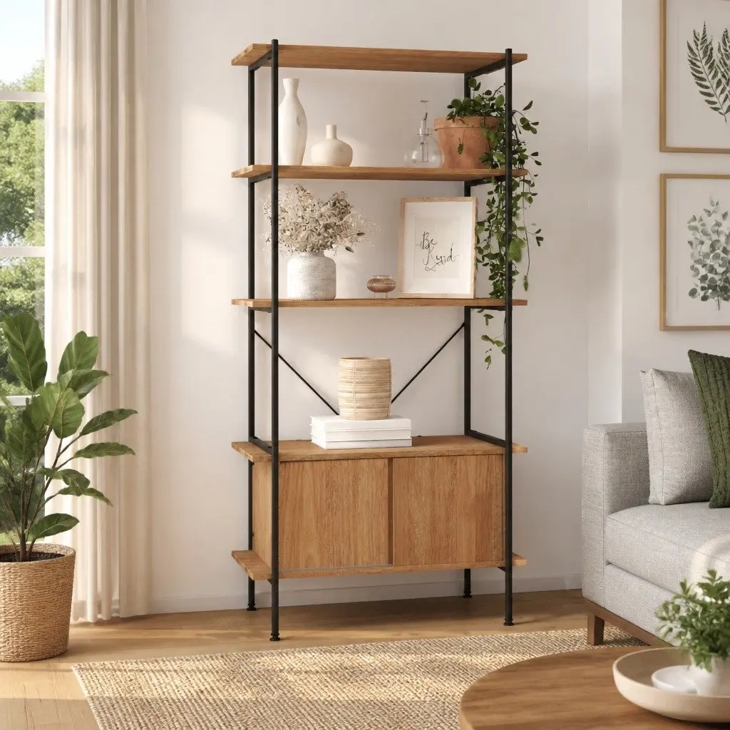 5-Tier Shelving Unit with Cabinet Storage Bookcase Standing Shelf 80x40x163cm