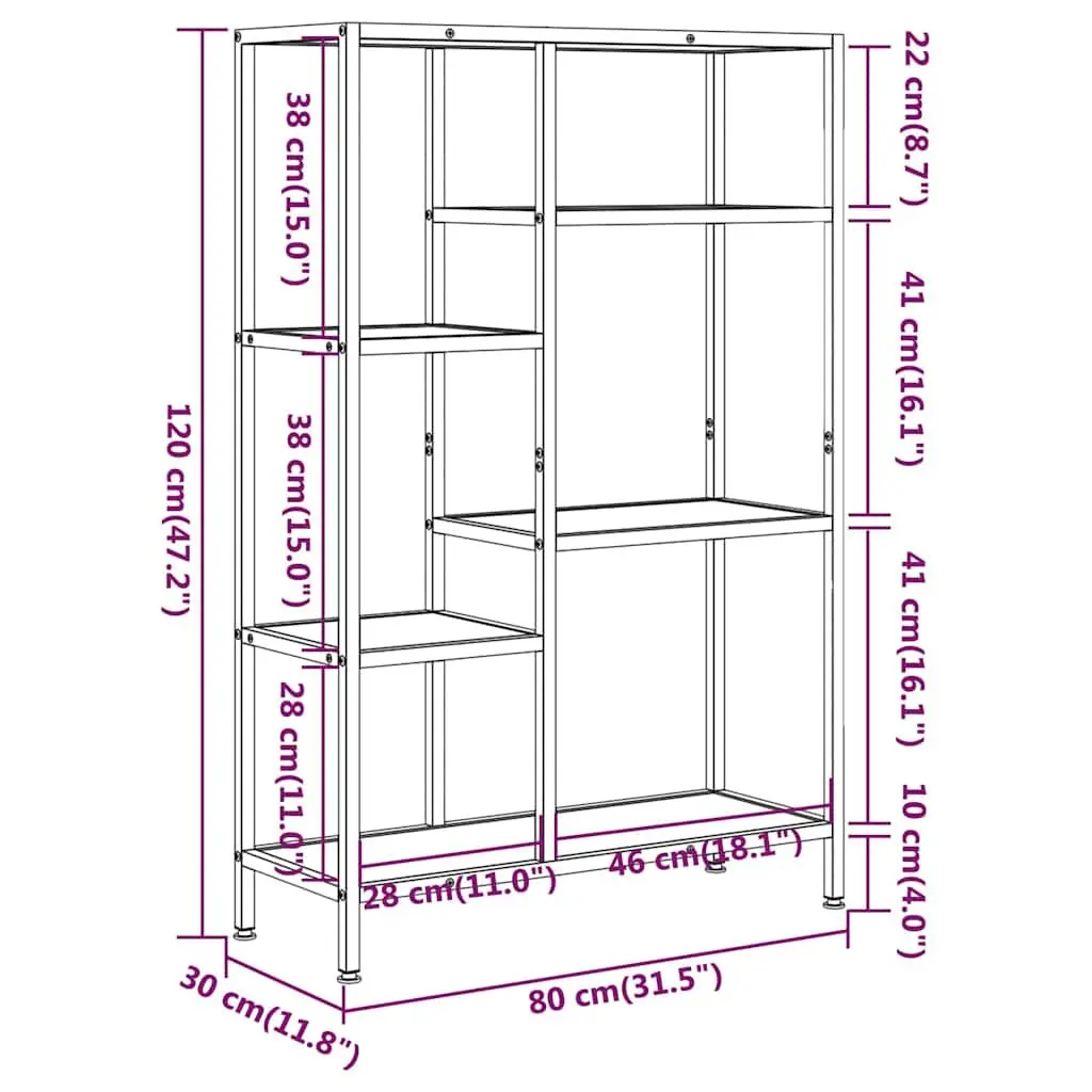 Brown Steel Frame Bookcase Shelving Unit 80x30x120 cm