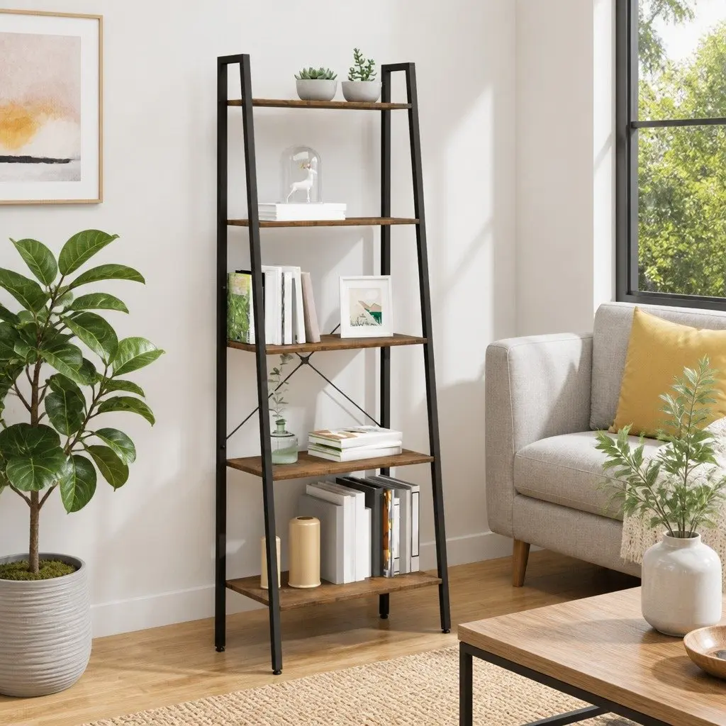 5-Tier Dark Brown and Black Storage Bookcase