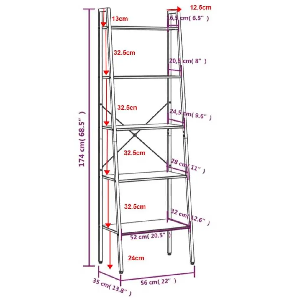 5-Tier Dark Brown and Black Storage Bookcase