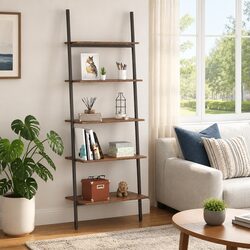 5-Tier Leaning Shelf Storage Bookcase in Dark Brown