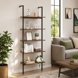 5-Tier Leaning Shelf in Dark Brown with Black Accents