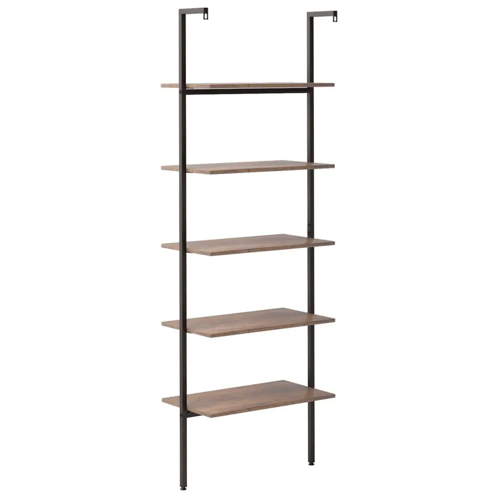 5 Tier Bookcase Dark Brown Black Steel Leaning Shelf Storage Unit for Home and Office