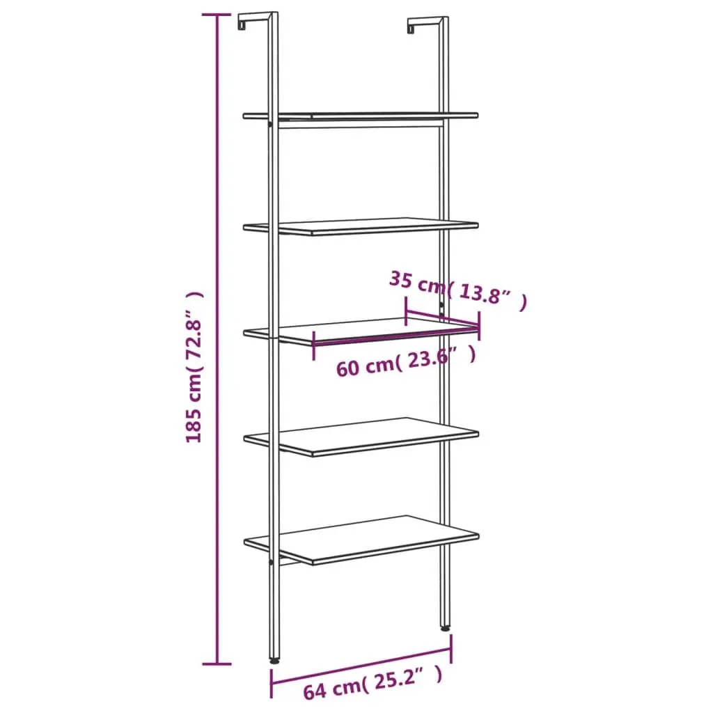 5 Tier Bookcase Dark Brown Black Steel Leaning Shelf Storage Unit for Home and Office