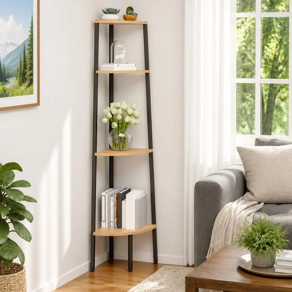 4-Tier Corner Shelf Unit Brown and Black Steel Frame Storage Bookcase