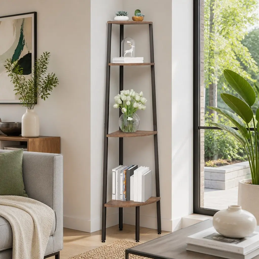 Corner Shelf 4-Tier Dark Brown Black 45.5x31.5x150cm Steel Storage Bookcase
