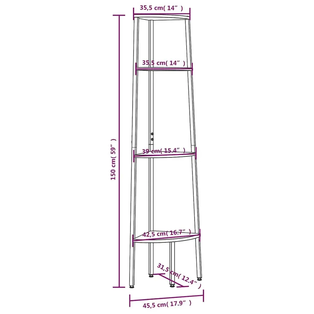 Corner Shelf 4-Tier Dark Brown Black 45.5x31.5x150cm Steel Storage Bookcase