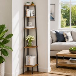 5-Tier Corner Shelf Bookcase in Dark Brown and Black