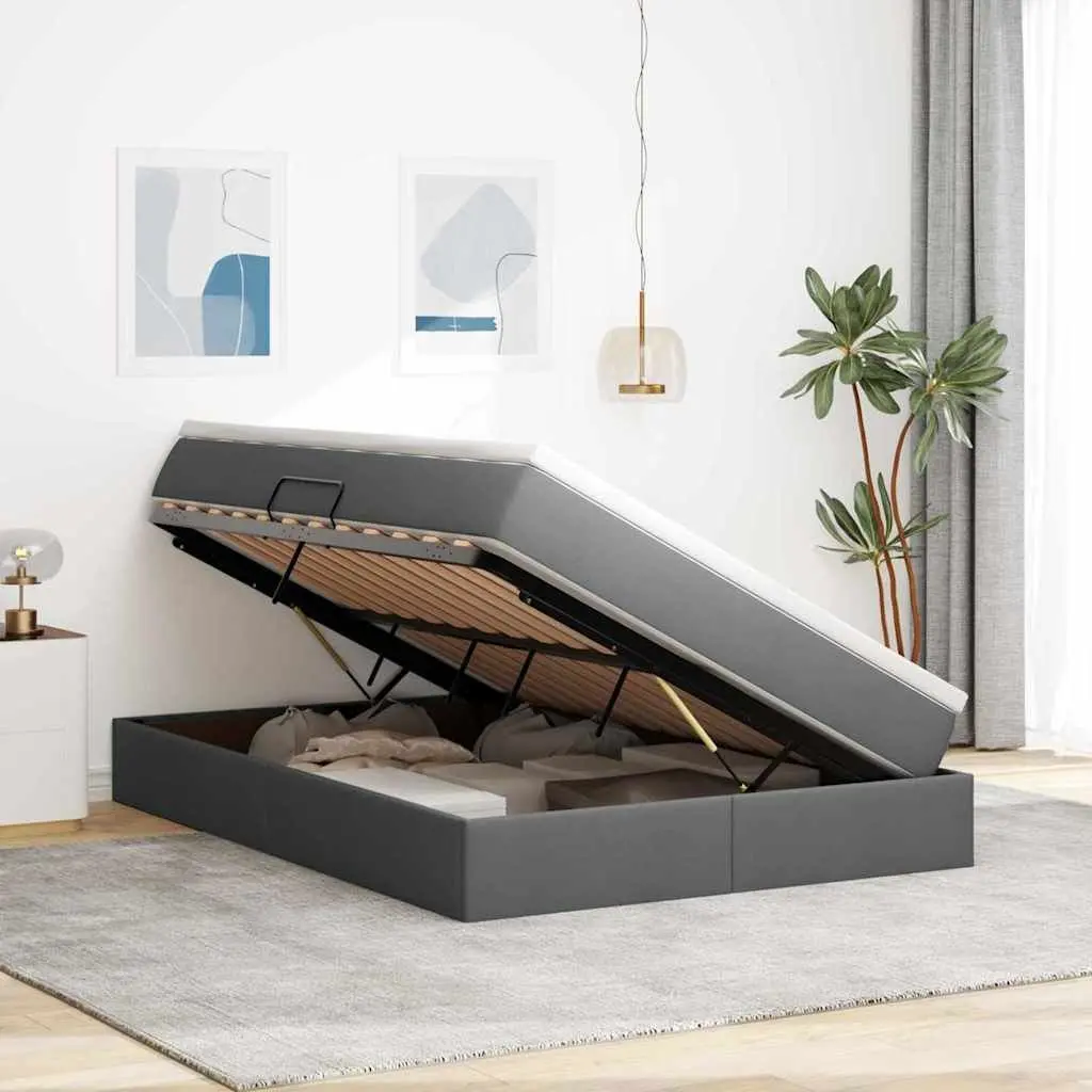 Storage Bed Grey 152 x 203 cm Modern Metal Frame with Hydraulic Lift and Pocket Spring Mattress