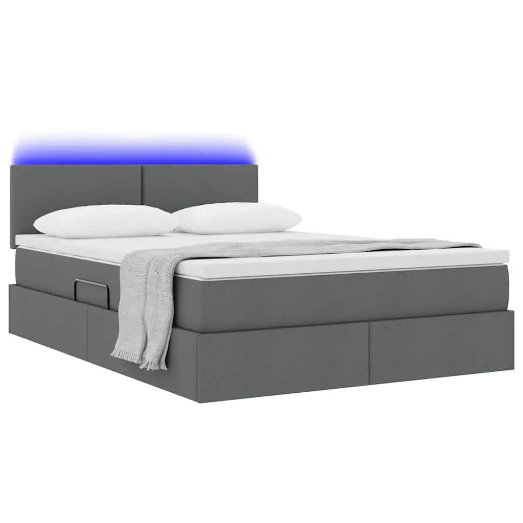 LED Storage Bed with Mattress Dark Grey 152 x 203 cm Upholstered Frame