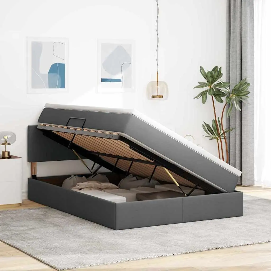 LED Storage Bed with Mattress Dark Grey 152 x 203 cm Upholstered Frame