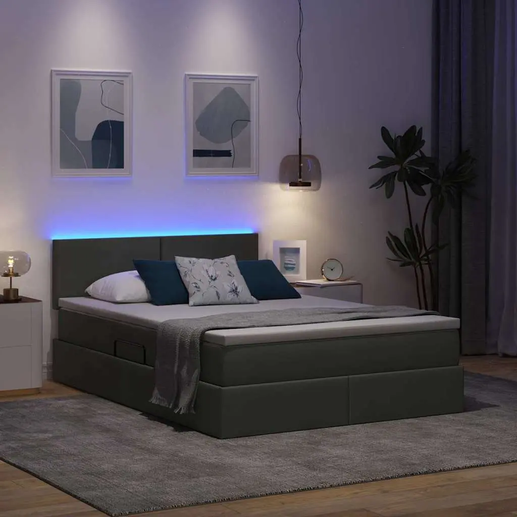 LED Storage Bed with Mattress Dark Grey 152 x 203 cm Upholstered Frame