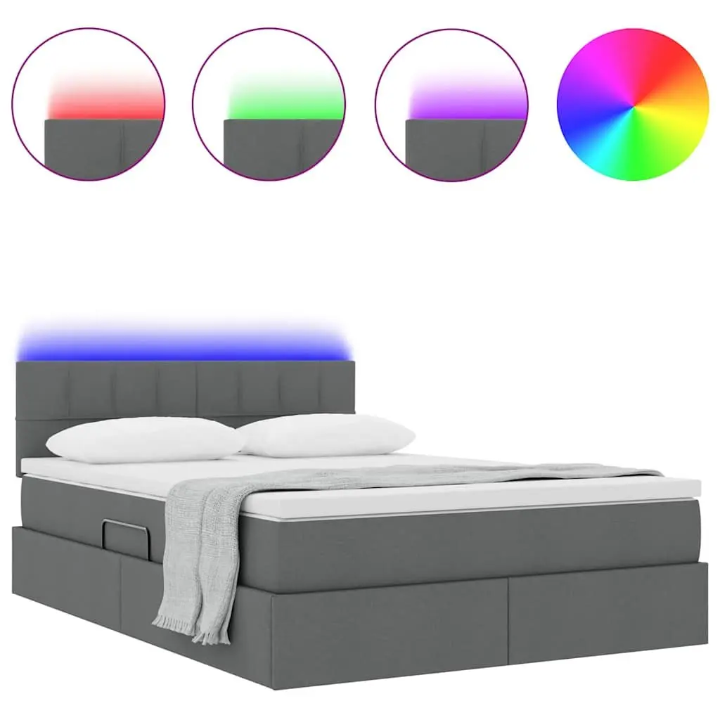 Storage Bed Dark Grey Upholstered Frame with Mattress 152 x 203 cm and LED Lighting