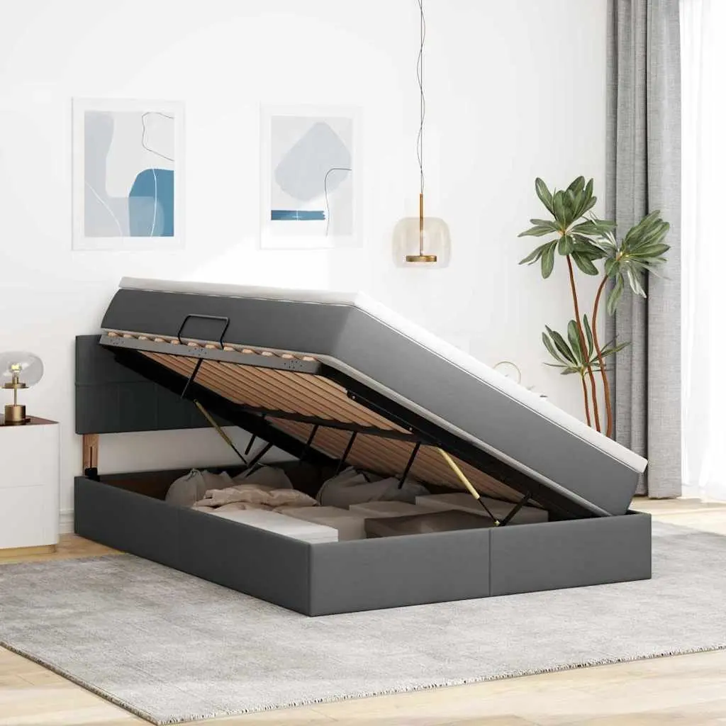 Storage Bed Dark Grey Upholstered Frame with Mattress 152 x 203 cm and LED Lighting