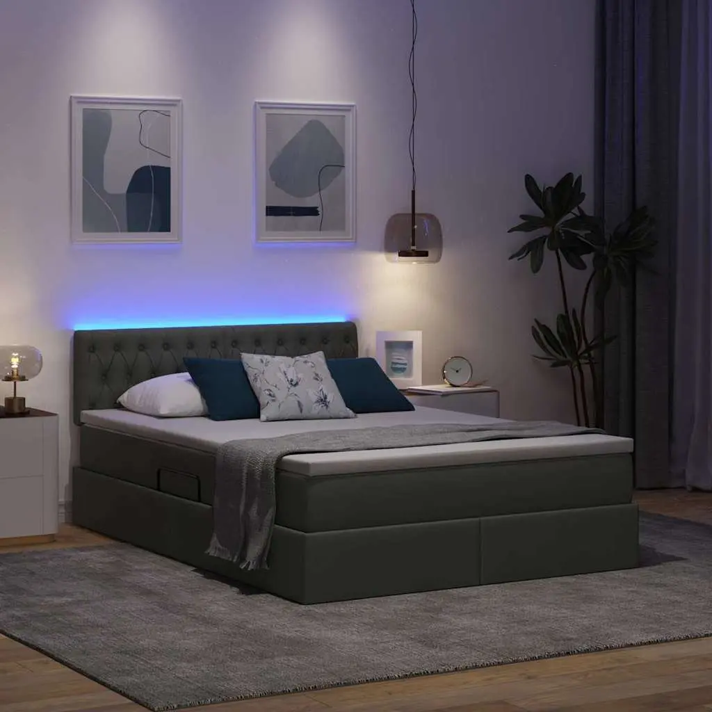 LED Storage Bed with Mattress Dark Grey 152 x 203 cm
