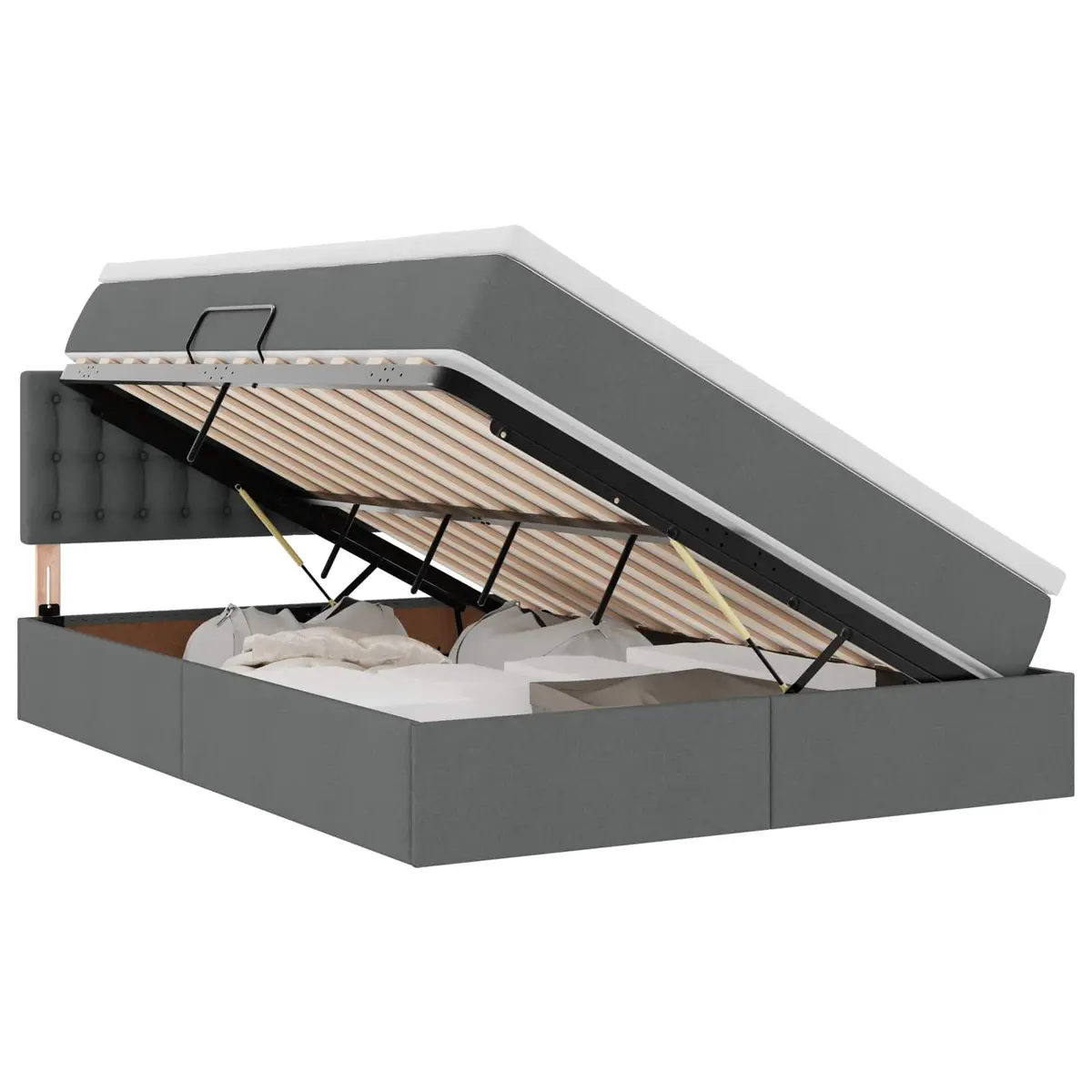 Upholstered Storage Bed Medium Firm Mattress Dark Grey 152x203cm LED Lighting Gas Lift Frame