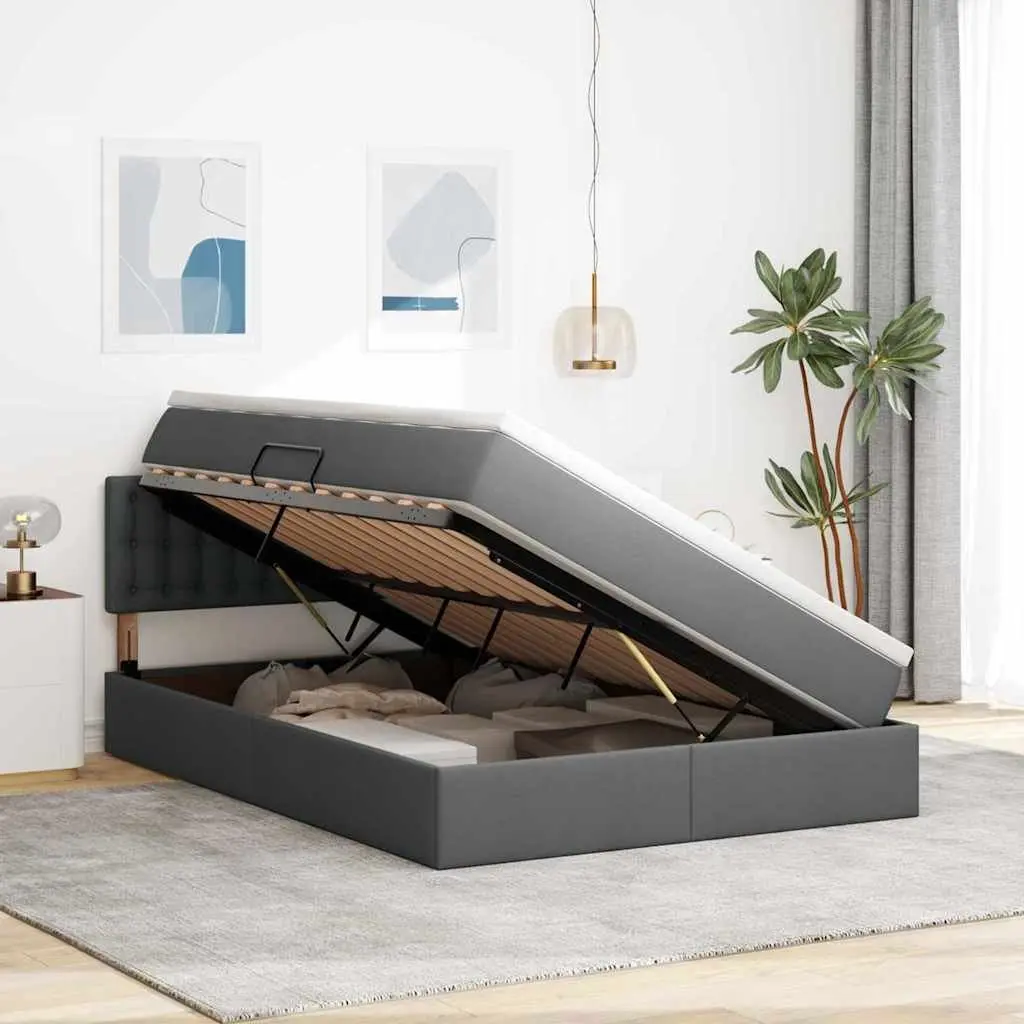 Upholstered Storage Bed Medium Firm Mattress Dark Grey 152x203cm LED Lighting Gas Lift Frame