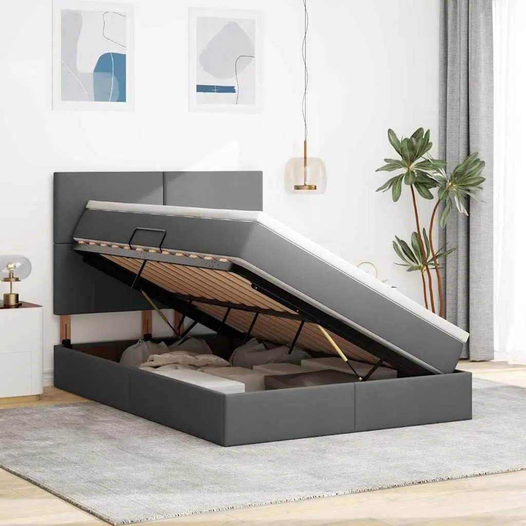 LED Storage Bed with Mattress Dark Grey 152 x 203 cm Modern Furniture