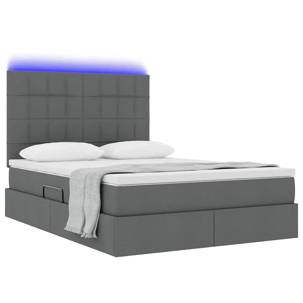 Storage Bed with LED Lighting Dark Grey 152 x 203 cm Upholstered Frame and Mattress