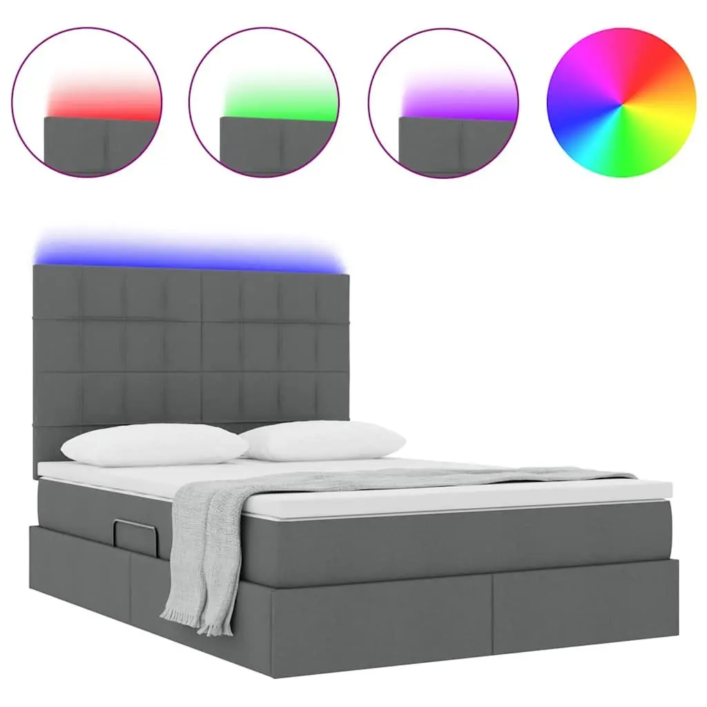 Storage Bed with LED Lighting Dark Grey 152 x 203 cm Upholstered Frame and Mattress