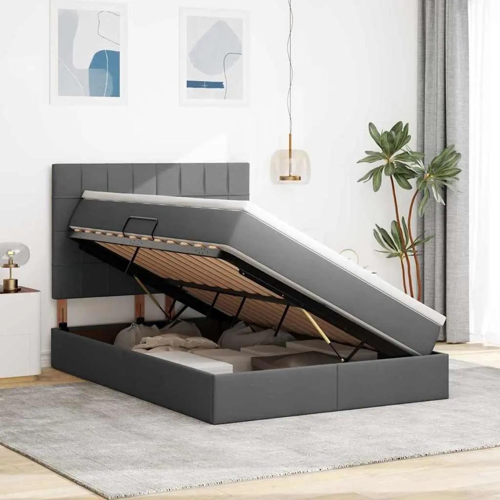 Storage Bed with LED Lighting Dark Grey 152 x 203 cm Upholstered Frame and Mattress