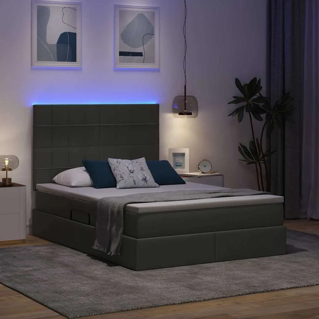Storage Bed with LED Lighting Dark Grey 152 x 203 cm Upholstered Frame and Mattress