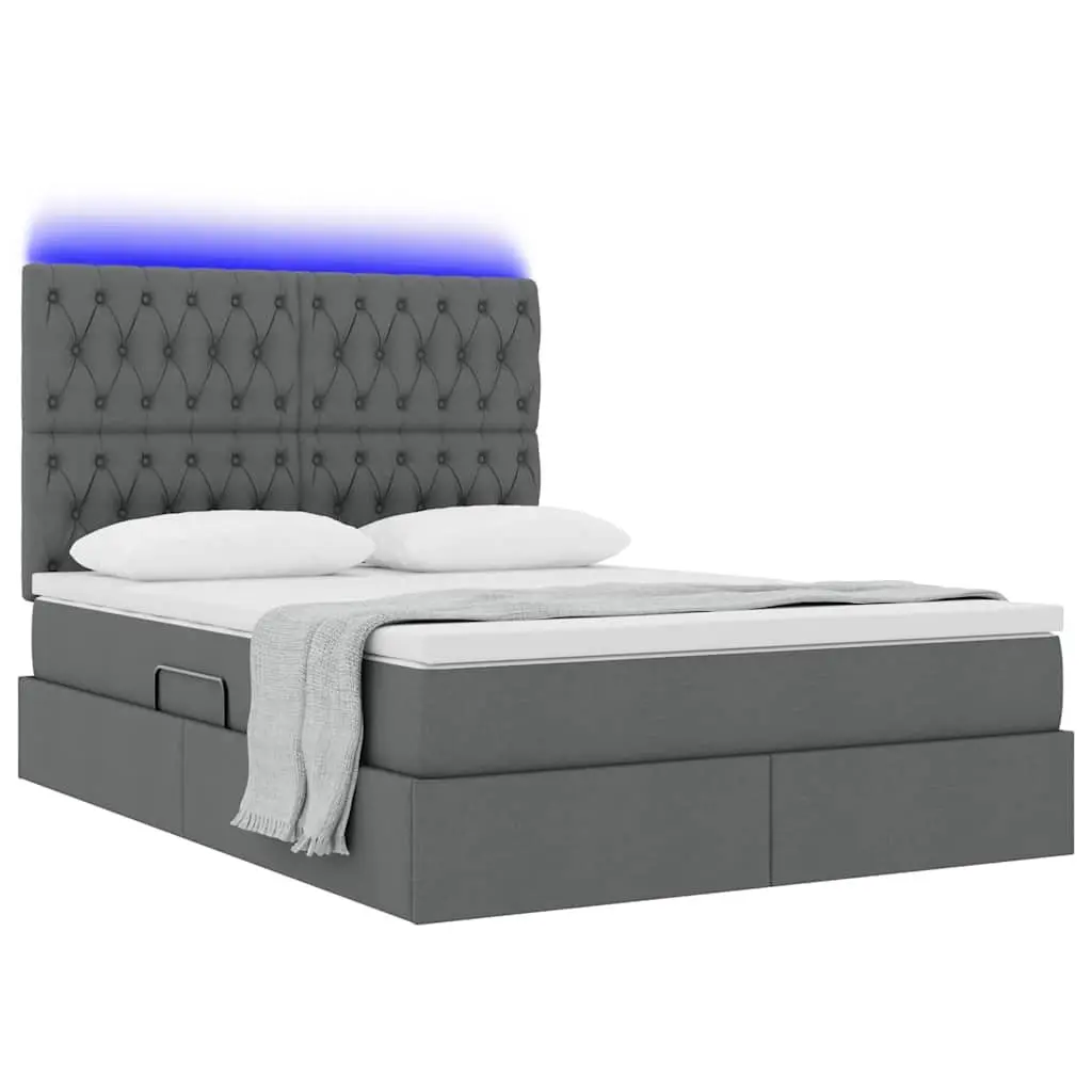 Storage Bed with Mattress Dark Grey 152x203cm Padded Headboard LED Lighting Adjustable Height