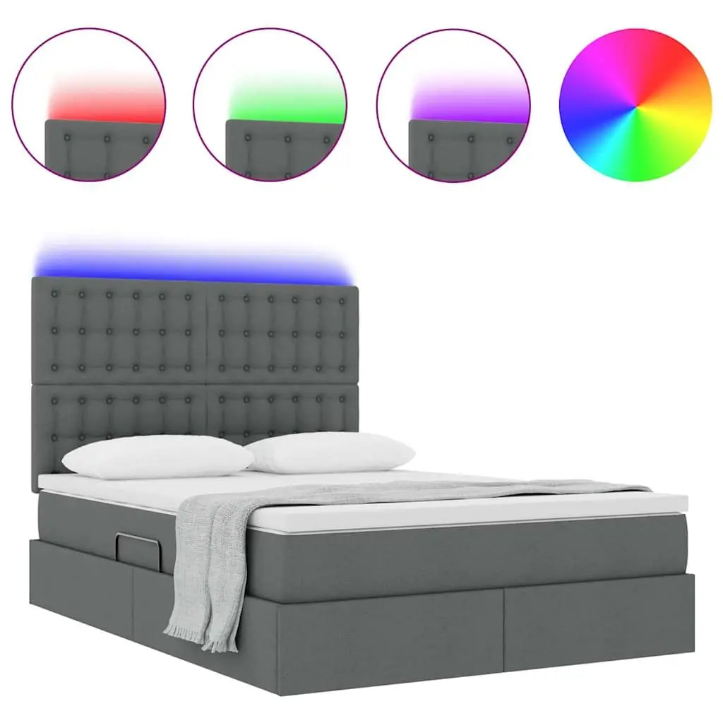 LED Storage Bed Dark Grey Queen Size Upholstered Headboard with Mattress