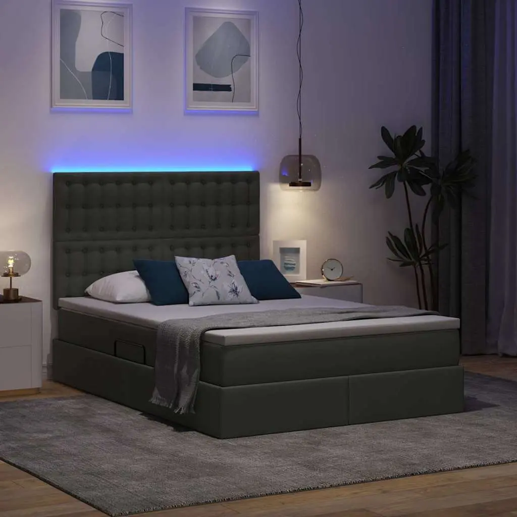 LED Storage Bed Dark Grey Queen Size Upholstered Headboard with Mattress