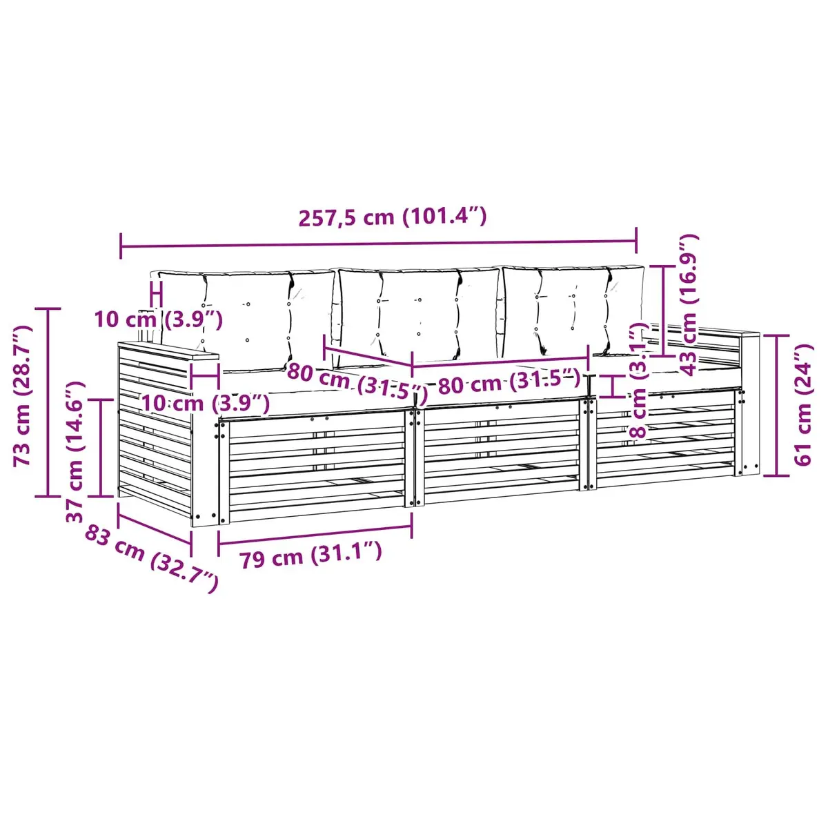 Outdoor Sofa Set Modular 3 Piece Natural Anthracite Solid Acacia Wood