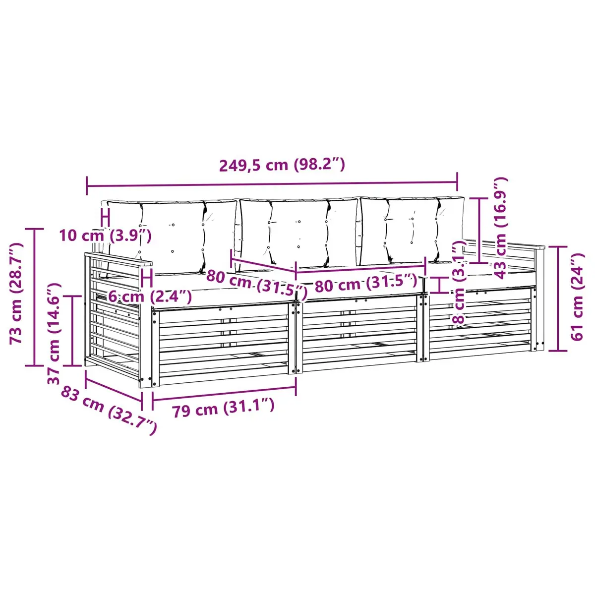 Outdoor Sofa Set Modern 3 Piece Natural Anthracite Solid Acacia Wood