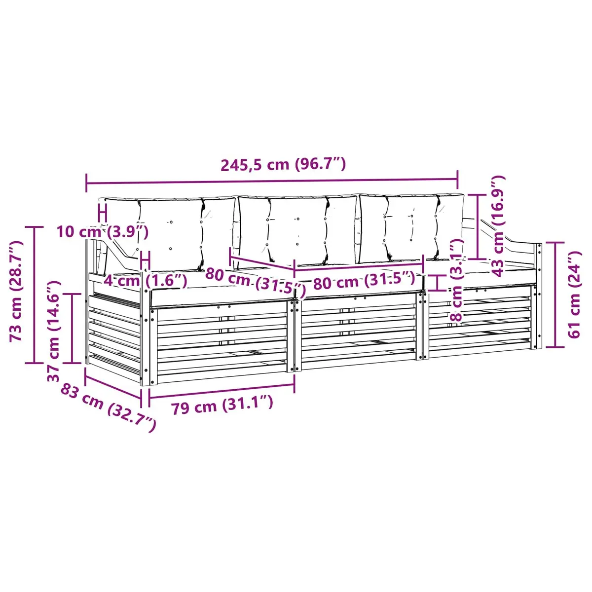 Outdoor Sofa Set Modular 3 Piece Natural Anthracite Solid Acacia Wood