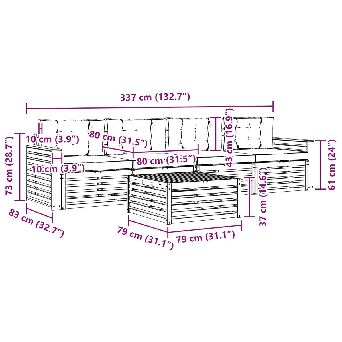 Outdoor Sofa Set Modular 5 Pieces Natural Acacia Wood