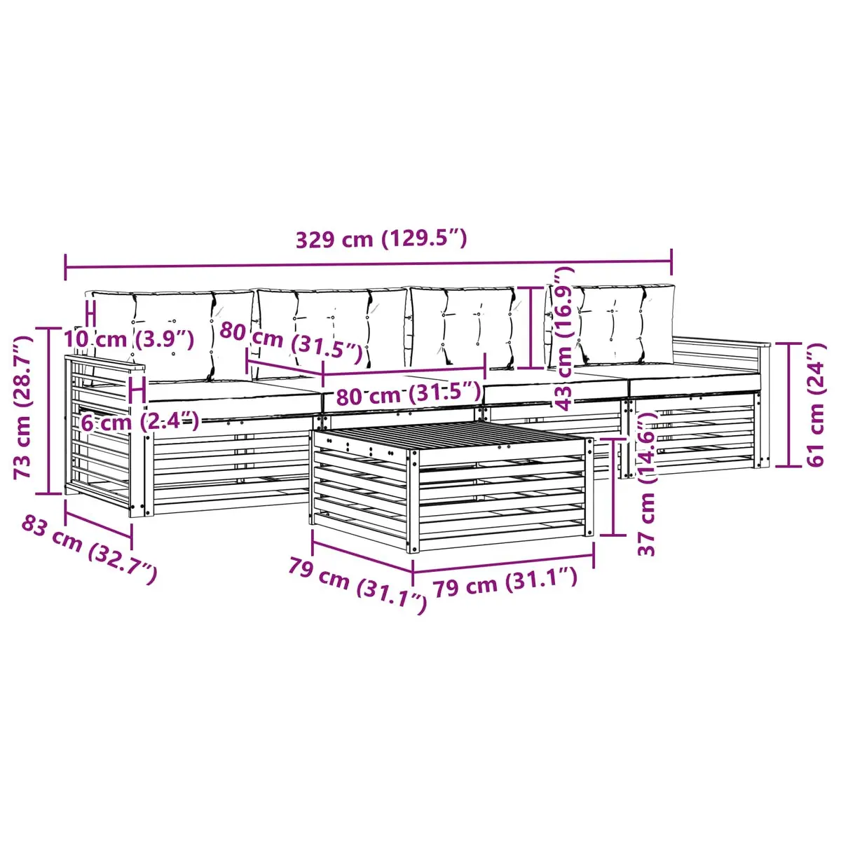 Outdoor Sofa Set Modular 5 Pieces Natural Acacia Wood with Cushions Anthracite