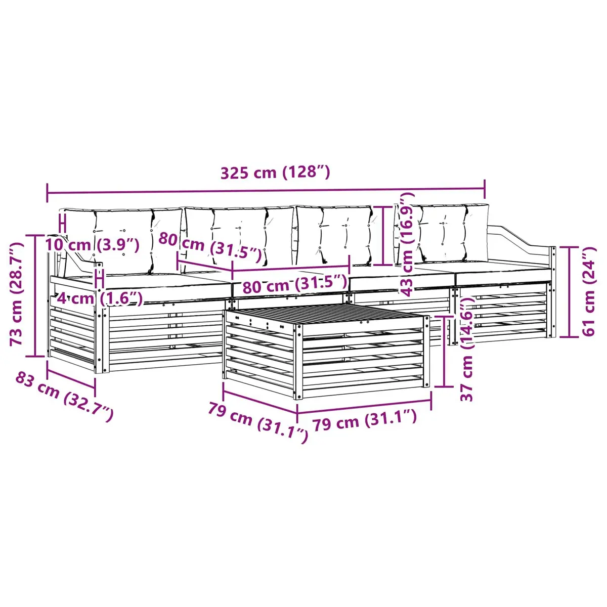 Outdoor Sofa Set Modular 5 Piece Acacia Wood with Cushions