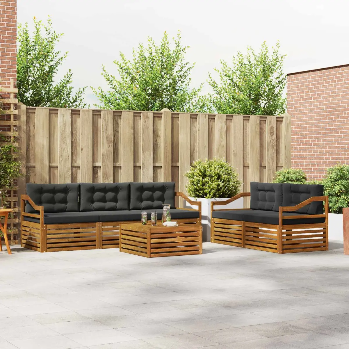 Outdoor Sofa Set Modern Minimalist 6 Piece Natural Anthracite Solid Acacia Wood