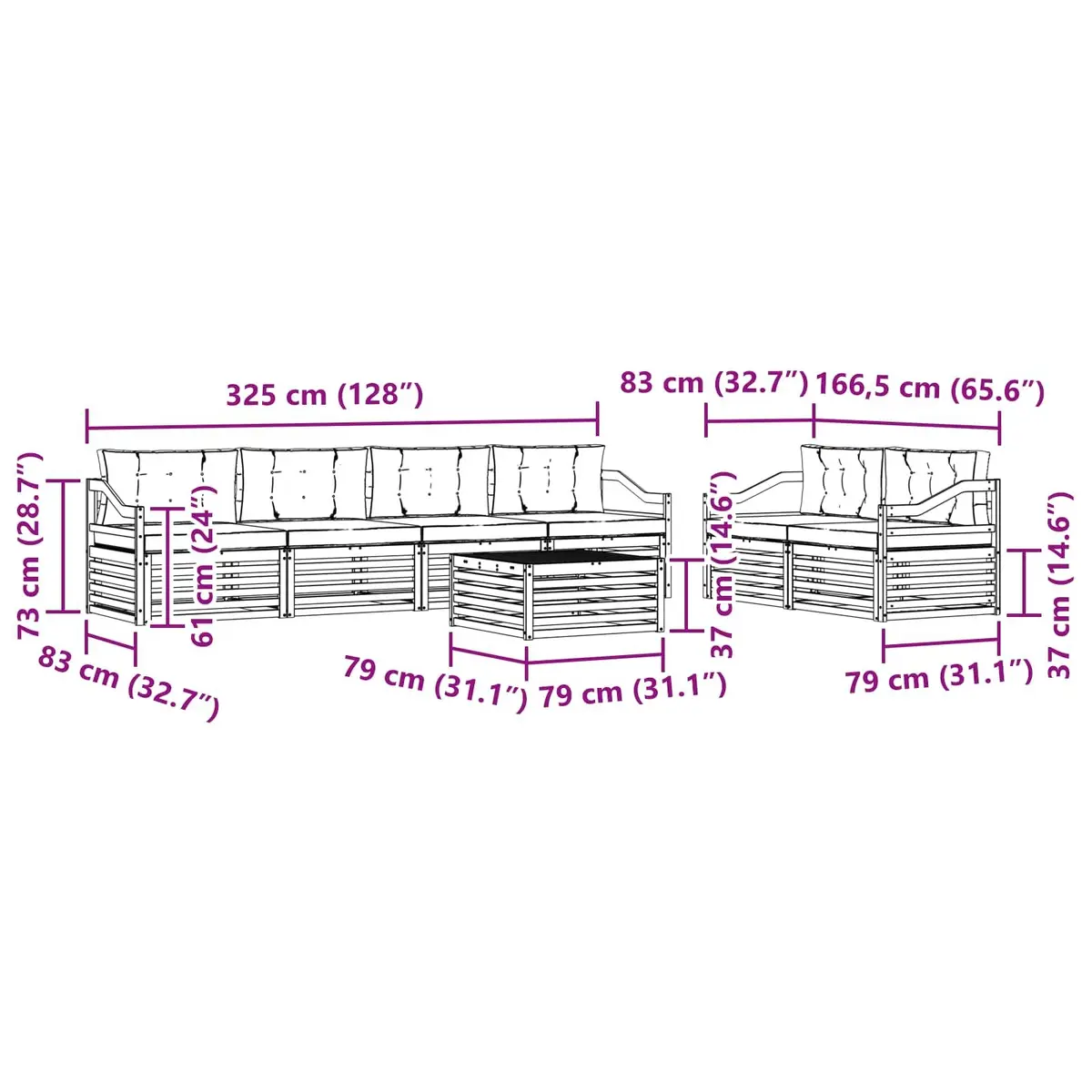 Outdoor Sofa Set Modern Natural Acacia Wood 7 Piece Garden Furniture Patio Lounge with Cushions