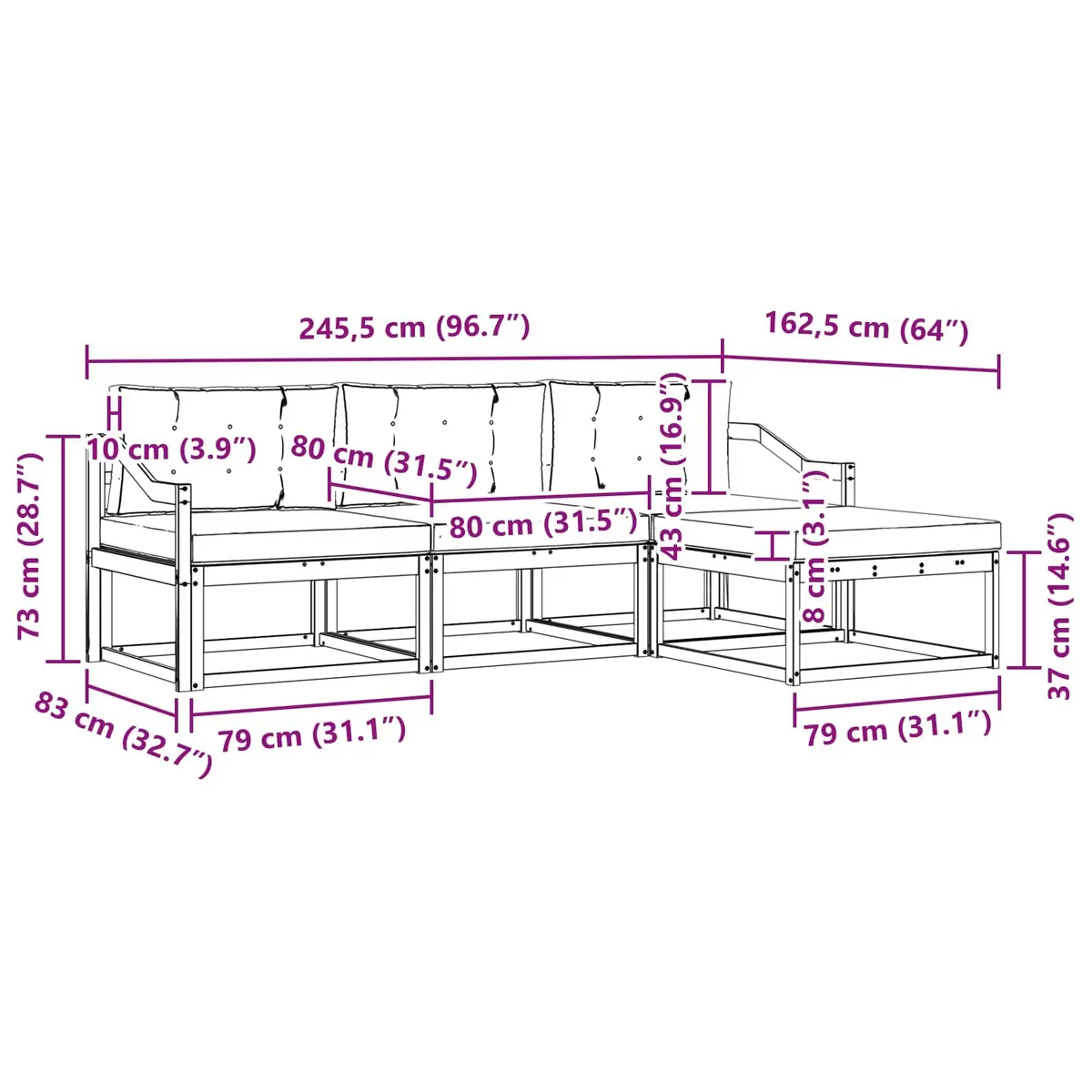 Outdoor Sofa Set Modular Natural Anthracite Solid Acacia Wood Garden Furniture
