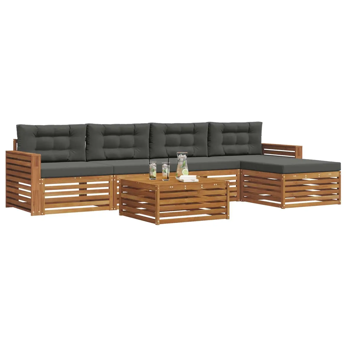 Outdoor Sofa Set Modular Brown Solid Acacia Wood 6 Piece Patio Furniture with Cushions