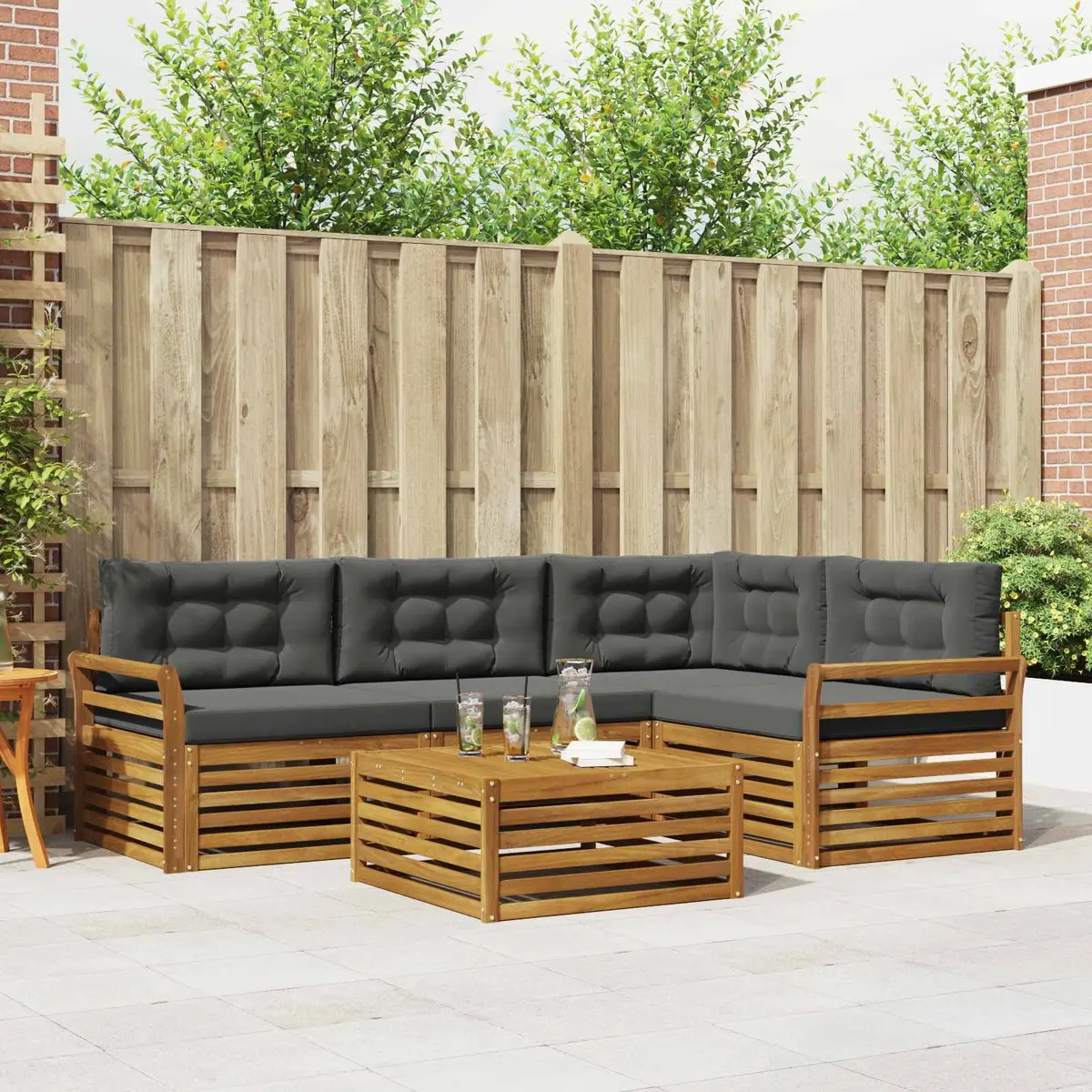 5-Piece Outdoor Sofa Set Natural Acacia Wood Modular Garden Furniture with Cushions