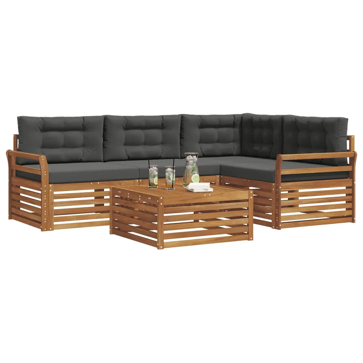 5-Piece Outdoor Sofa Set Natural Acacia Wood Modular Garden Furniture with Cushions