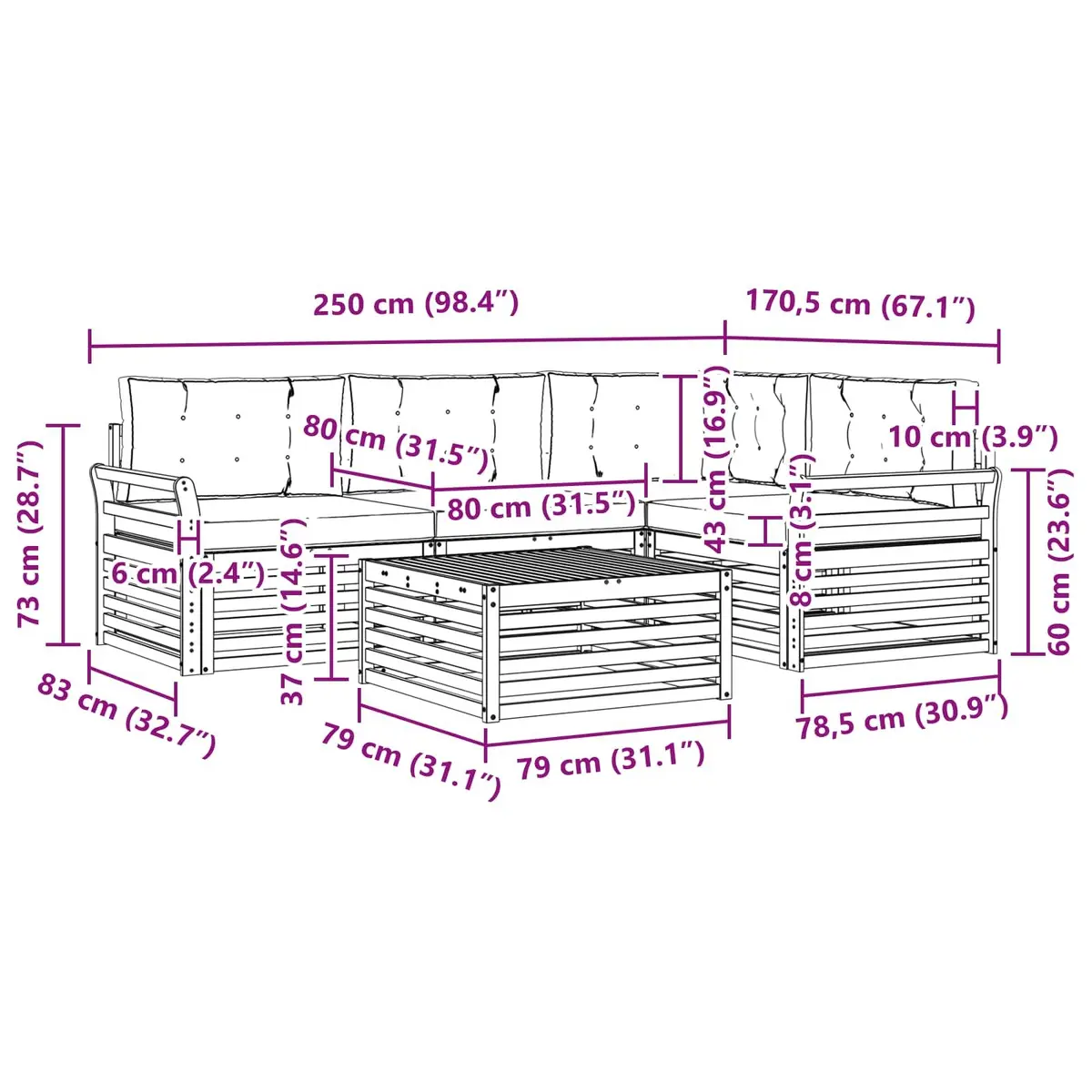 5-Piece Outdoor Sofa Set Natural Acacia Wood Modular Garden Furniture with Cushions