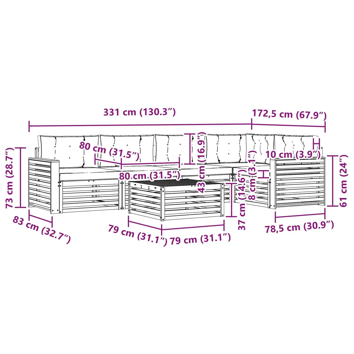 Outdoor Sofa Set Modular Brown Solid Acacia Wood 6 Piece Garden Furniture with Cushions