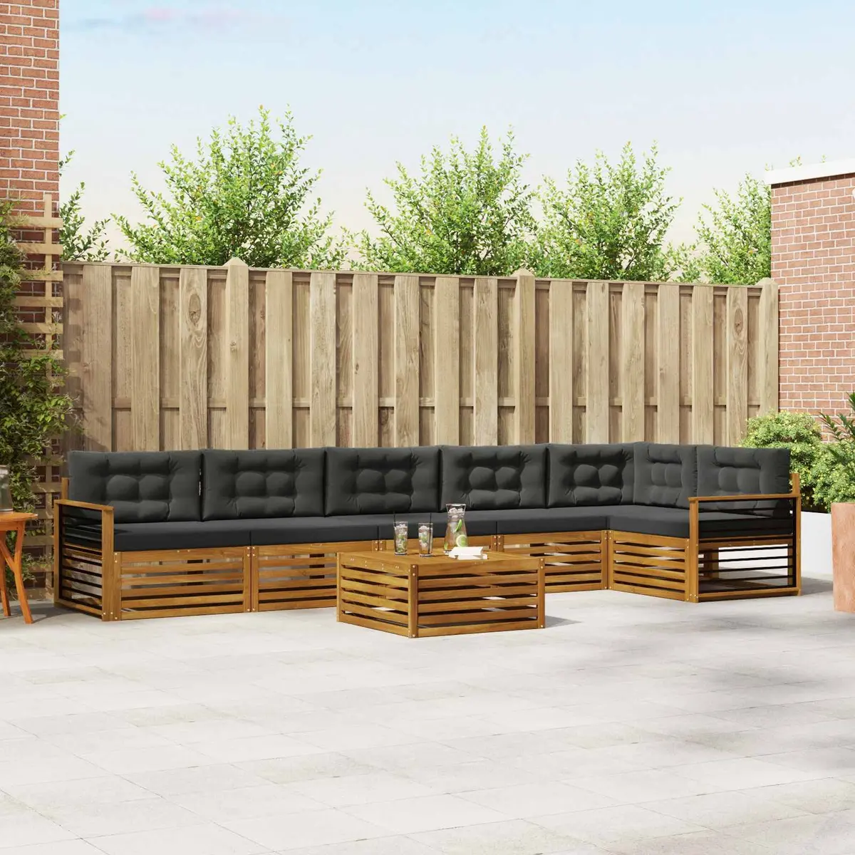 Outdoor Sofa Set Modular 7 Pieces Acacia Wood Brown Cushions