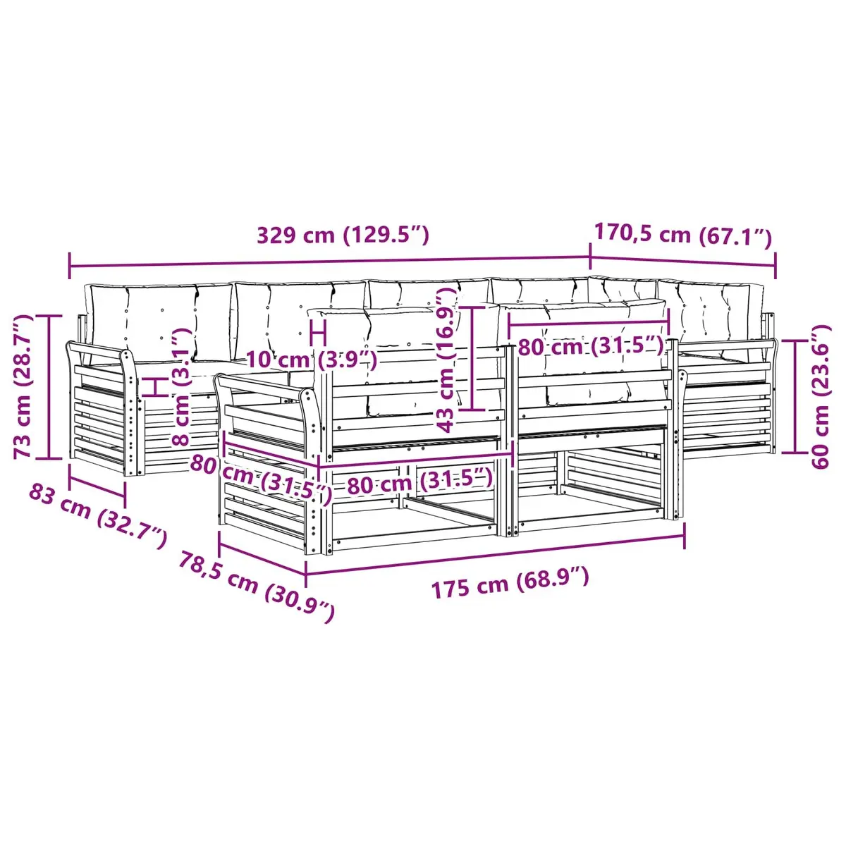 Modular Outdoor Sofa Set Brown Acacia Wood 7 Piece Garden Furniture