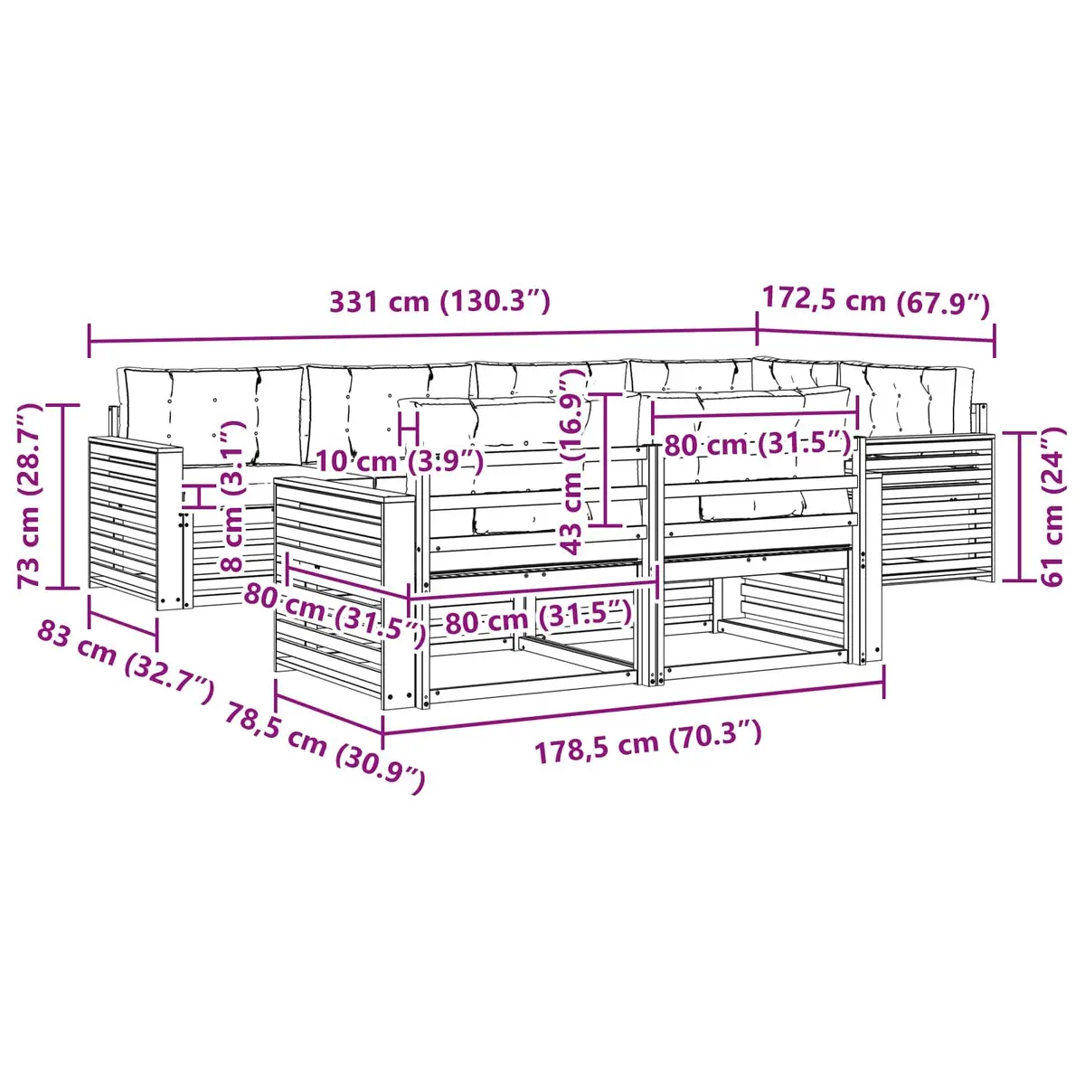 Outdoor Sofa Set Modular Natural Brown 7 Piece Solid Acacia Wood