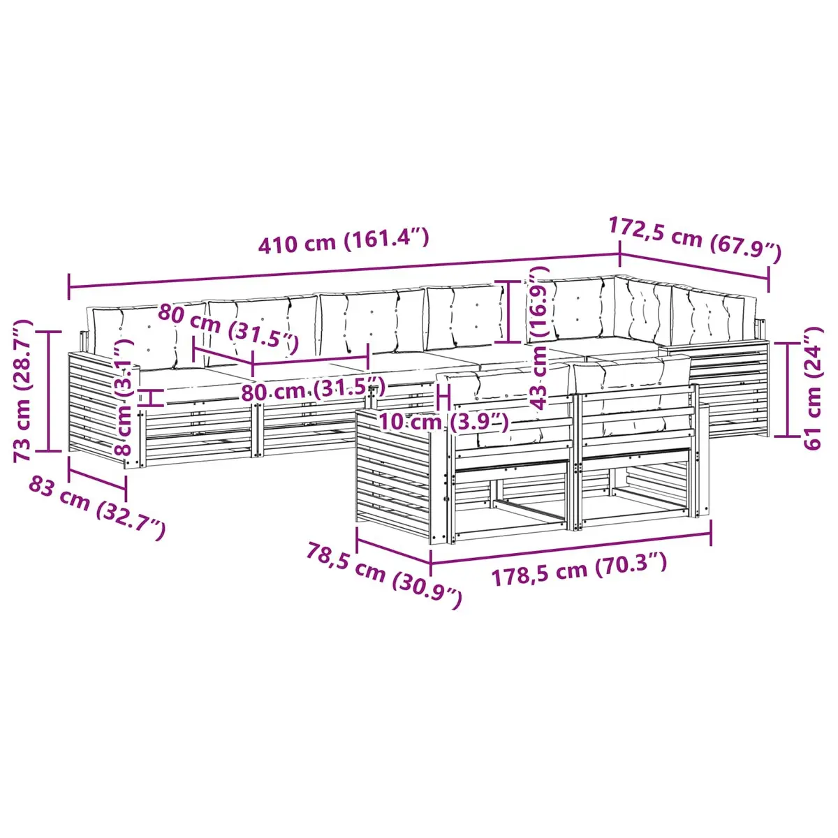 Outdoor Sofa Set Modular 8 Piece Brown Acacia Wood